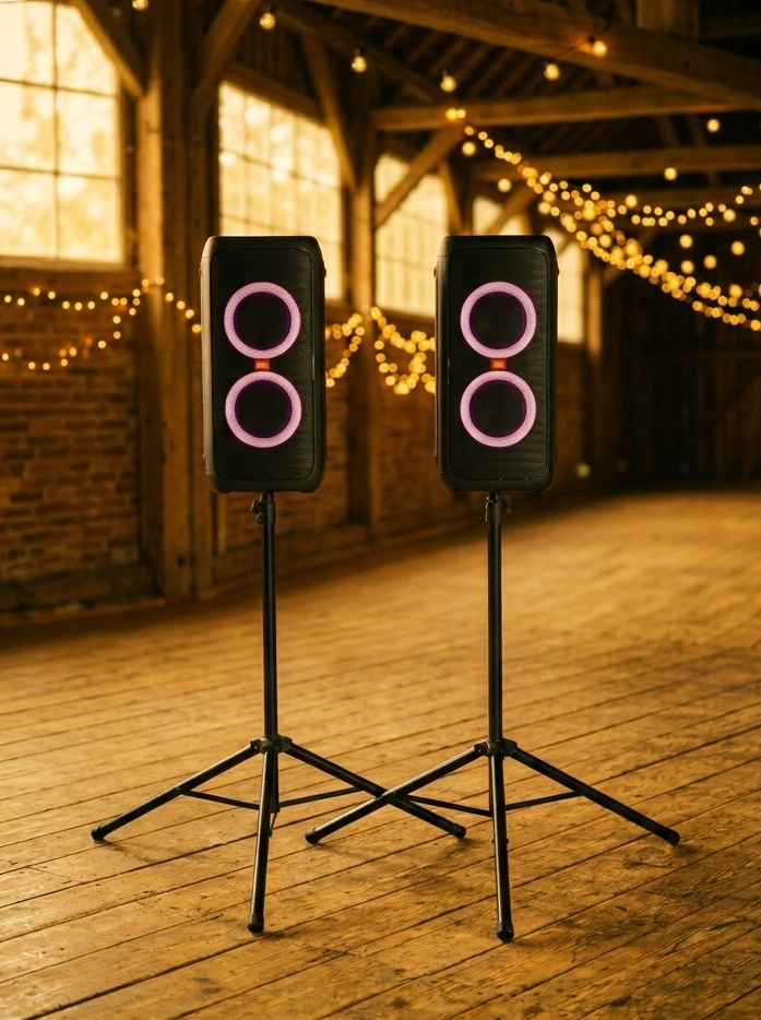 JBL Partybox Lautsprecher mit Lichterketten in einer Scheune für eine Hochzeitsfeier